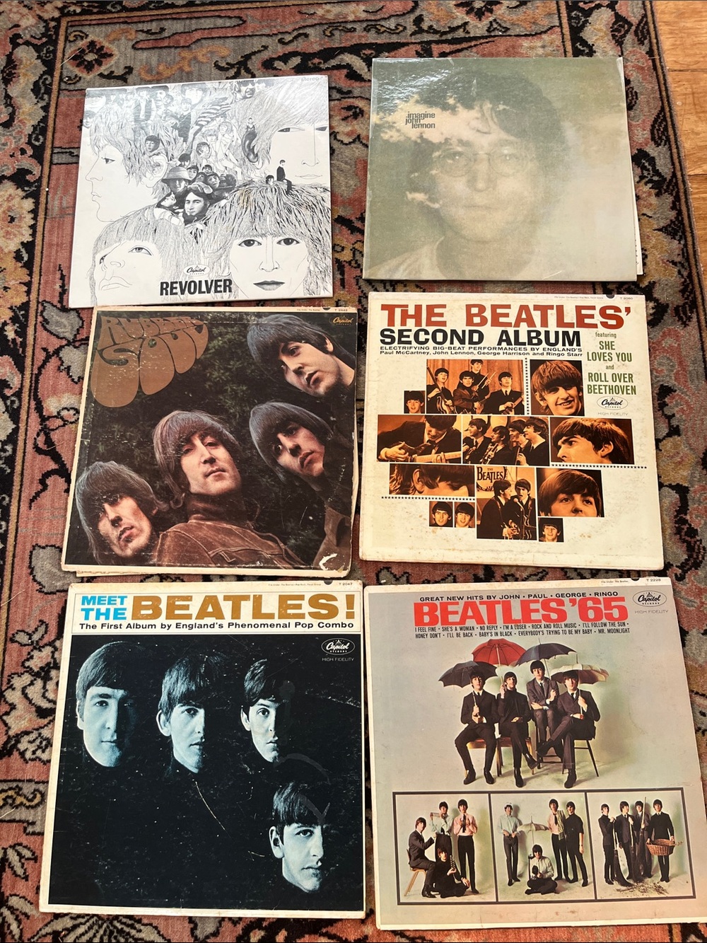 SIX VINTAGE BEATLES ALBUMS, in used condition but albums good